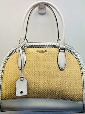 Kate Spade New York Straw Woven Dome Satchel Cream Leather Trim
